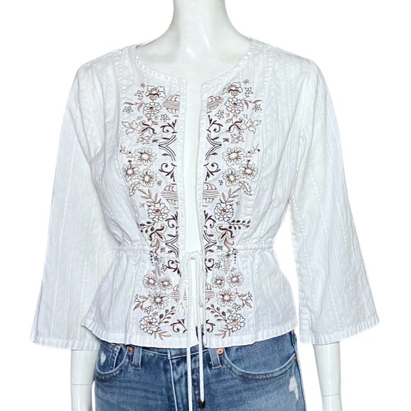 Christopher & Banks Tops - Y2K 100% Cotton White Boho Embroidered Tie Waist Peasant Top Cottagecore XS/S